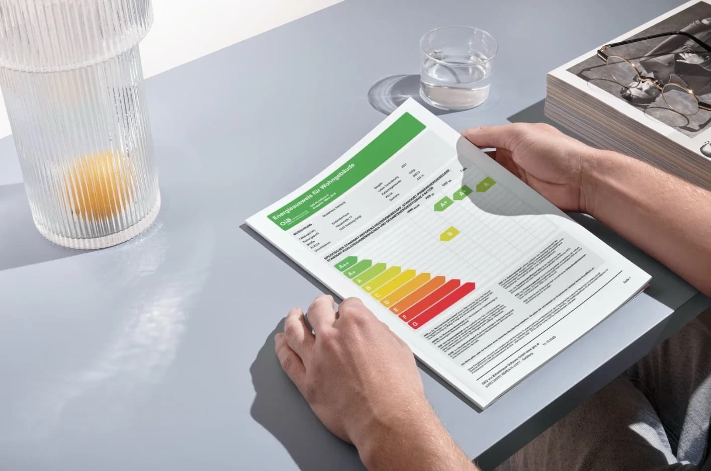 Energieausweis-Dokument mit sichtbarer Energieklassen-Skala A++ bis G